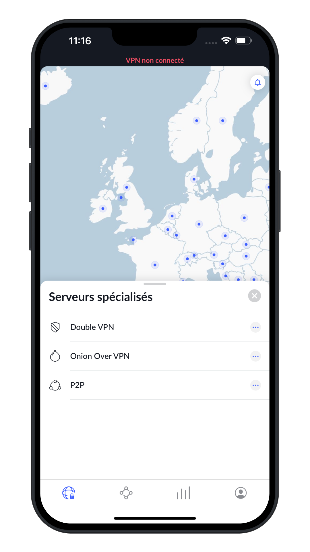 Interface iOS de NordVPN