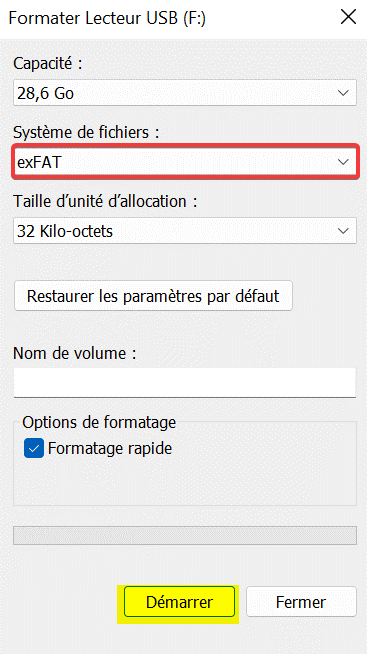 fenêtre de formatage d'un périphérique externe