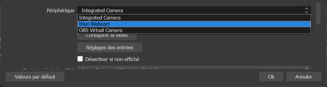 Configuration d'Iruin Webcam dans OBS